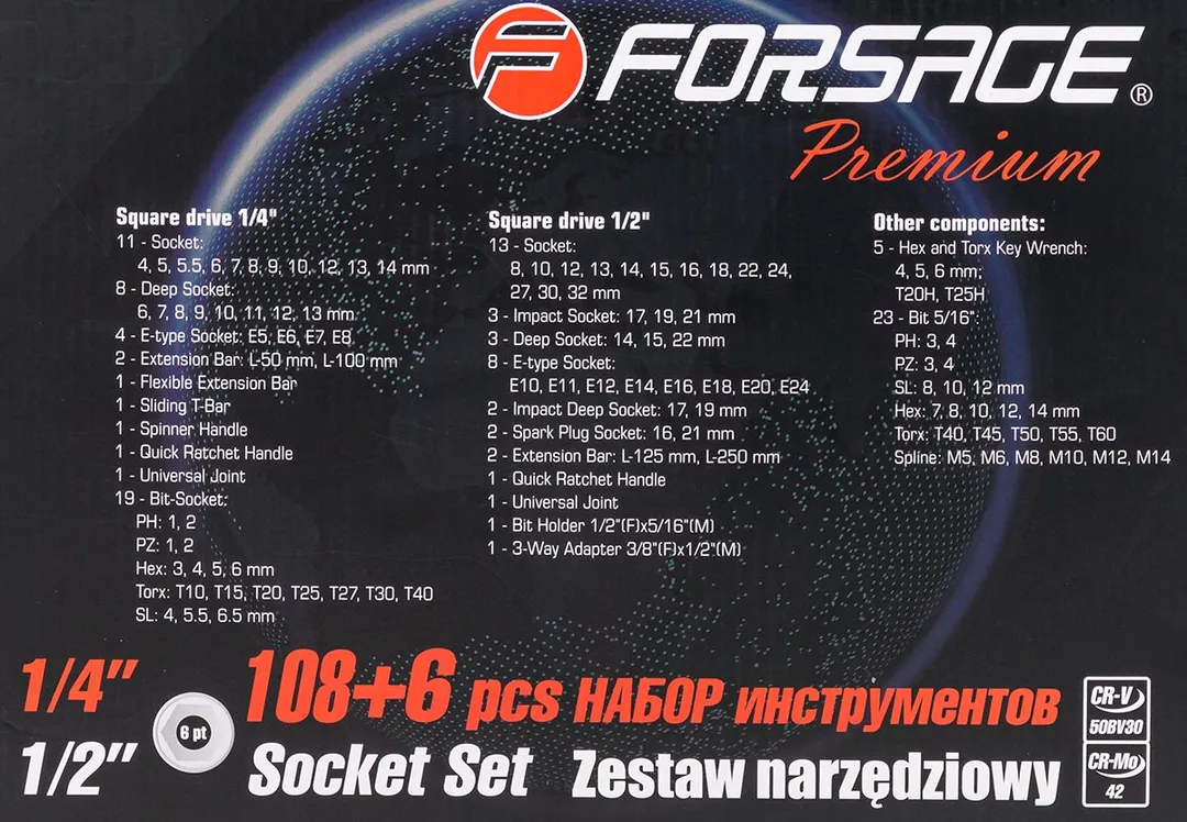 Набор инструментов 108+6пр.1/4''1/2''(6гр.)+(гол.-бита1/4'':T40 — фото 5