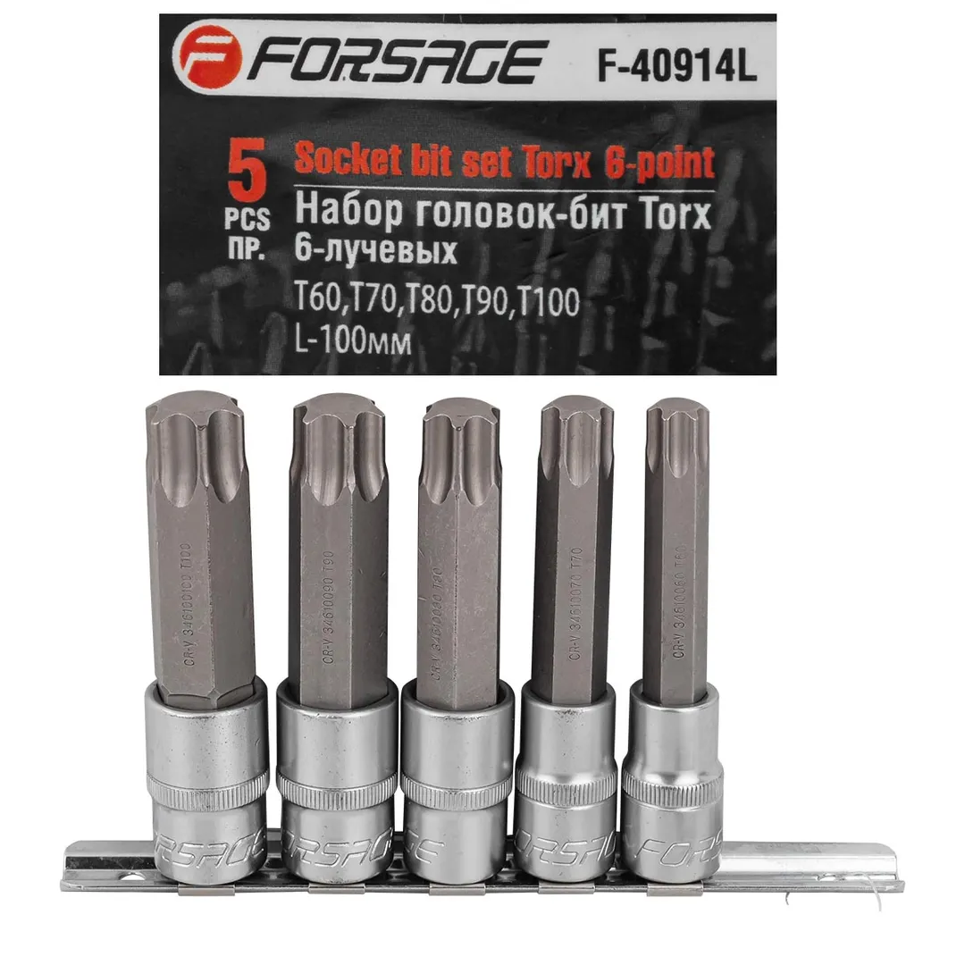 Набор головок-бит Torx 6-лучевых, 5 пр.(Т60,Т70,Т80,Т90,Т100, L-100мм) 1/2'', на планке — фото 2