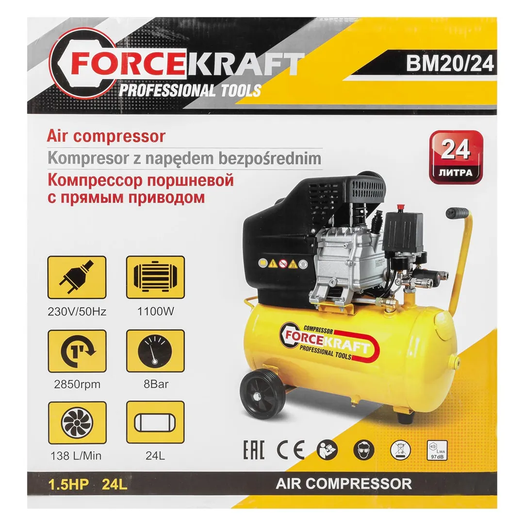 Компрессор поршневой с прямым приводом (ресивер 24л, 8 бар, 138л/м, 1100W, 230V) — фото 4