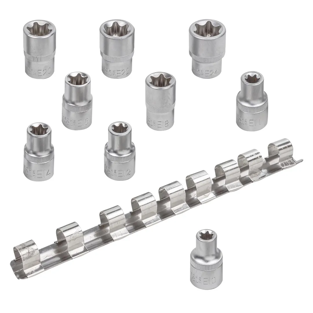 Набор головок Е-профиль 9пр.,1/2''(Е10,11,12,14,16,18,20,22,24), на металлической планке — фото 2