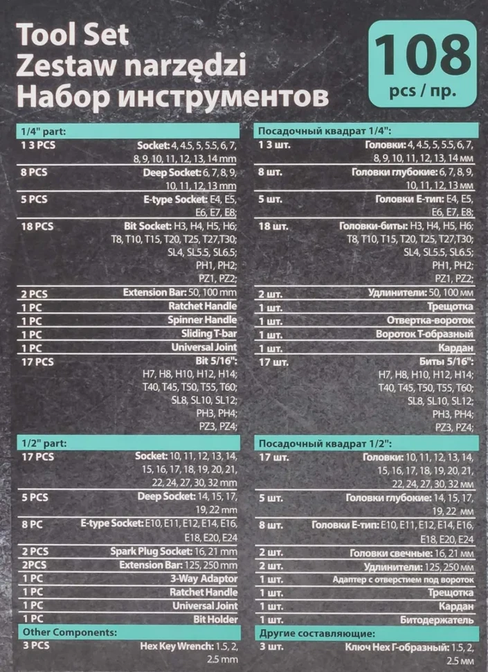 ( 3 K-T ) Набор инструментов PROFI 108пр. 1/4'',1/2''(6гр)(4-32мм) — фото 4