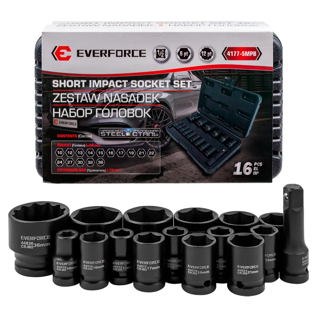 Набор головок ударных коротких 16пр.1/2''(6-гр.)(10,12-17,19,21,22,24,27,30,32мм(36мм-12гр)+удлинитель 75мм),в кейсе