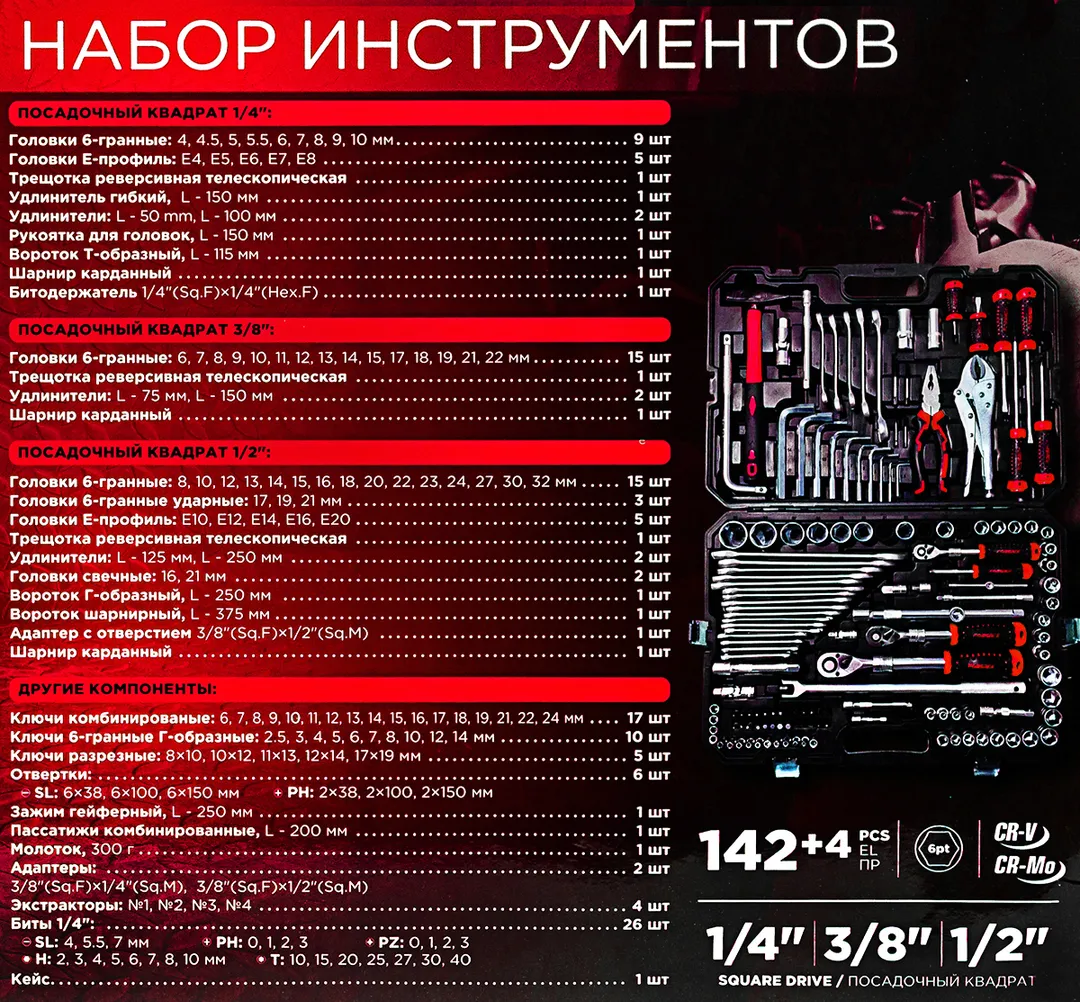 Набор инструментов 142+4пр. 1/4'', 3/8'', 1/2''(6гр.) — фото 5